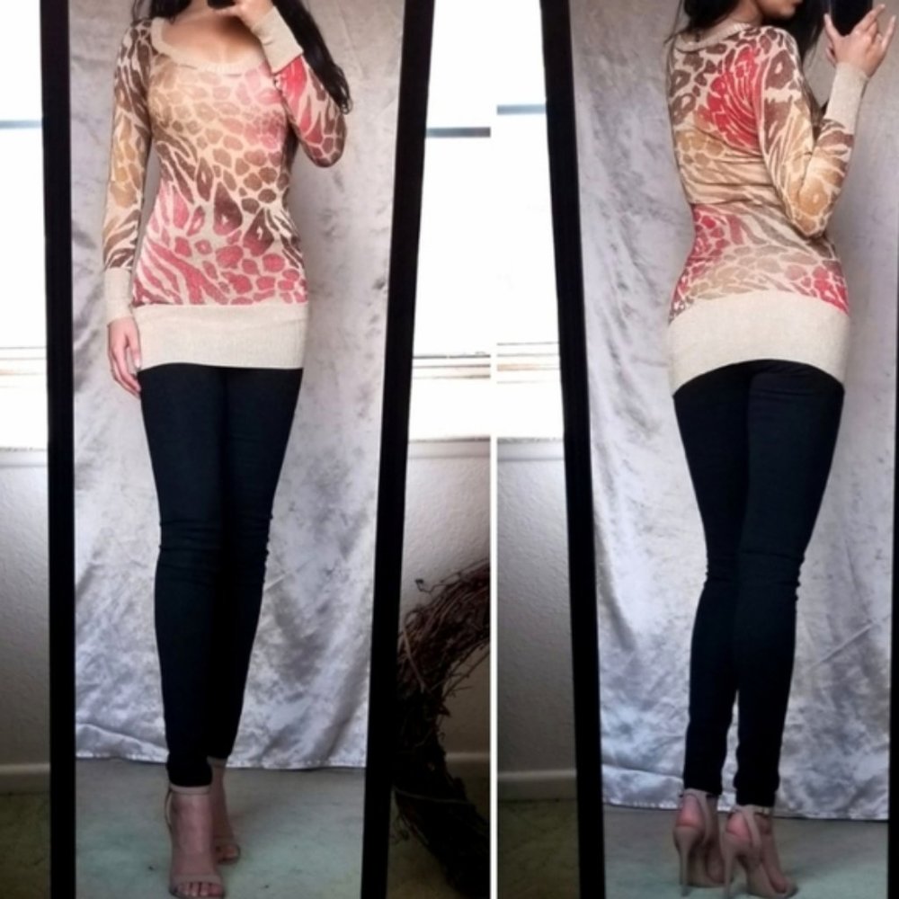 Animal Print Knit Tunic Gold Knit Sweater Dress XS